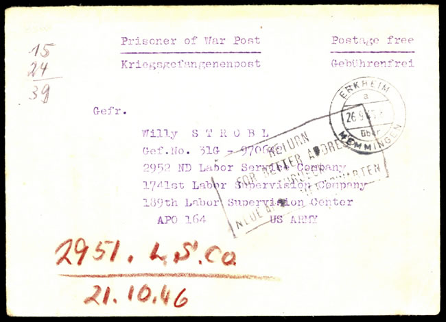 Prisonnier allemand transféré d'un camp américain à un camp français avec  griffe de retour