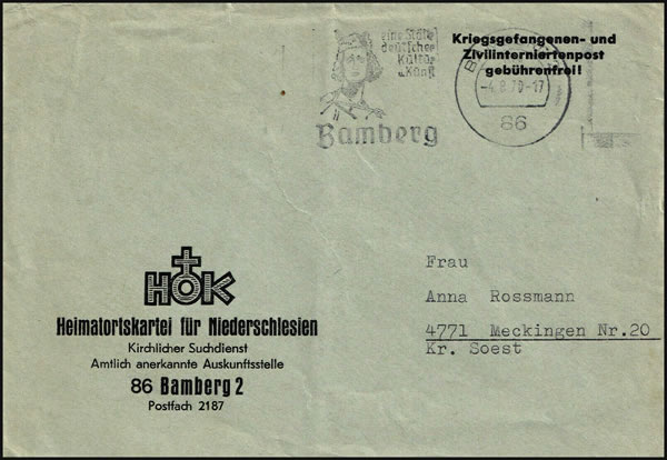 Lettre en franchise d'unorganisme de recherche de disparus allemands