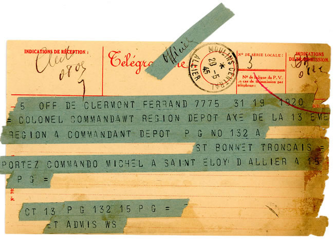 Télégramme adressé au Dépot 132A