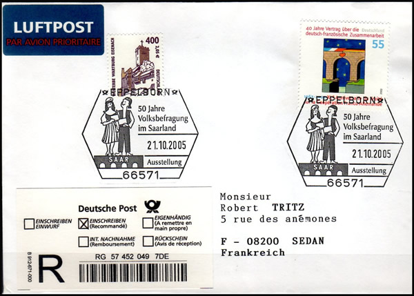 oblitération du 50ème anniversaire du référendum en Sarre