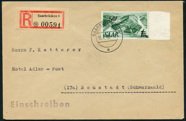 Timbre surchargé 50F sur 1SM sur lettre recommandée