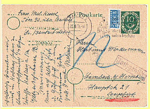 CP de RFA pour la Sarre affranchie au tarif interieur taxée et avec timbre fiscal NOTOPFER