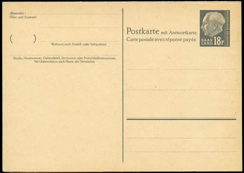 Carte postale réponse payée Saarlande 18 F pour l'étranger