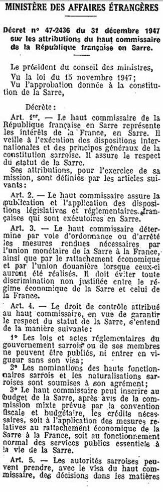 Décret sur les fonctions du haut-commissaire de France en Sarre