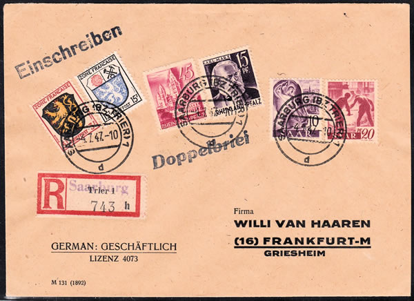 Lerre recommandée de Saarburg avec affranchissement mixte Rhenanie et sarre