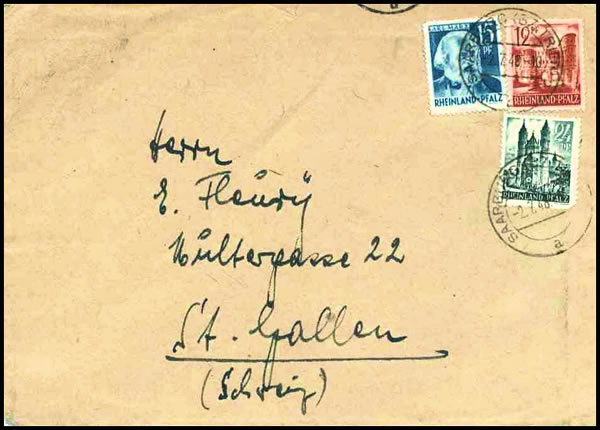 Timbres du Palatinat Rhénan utilisés à Saarburg 1948