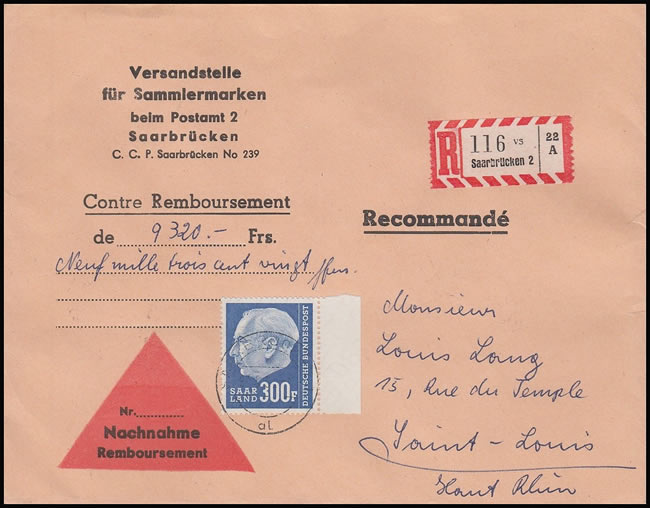 300F Heuss sur lettre contre-remboursement