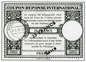 Coupon-réponse de France à 15F surchargé 25F et Sarre
