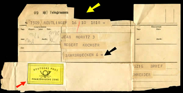 Télégramme amputé des mentions nazies et avec vignette ZOF