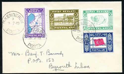 Timbres avec légende Hatay sur lettre pour Beyrouth