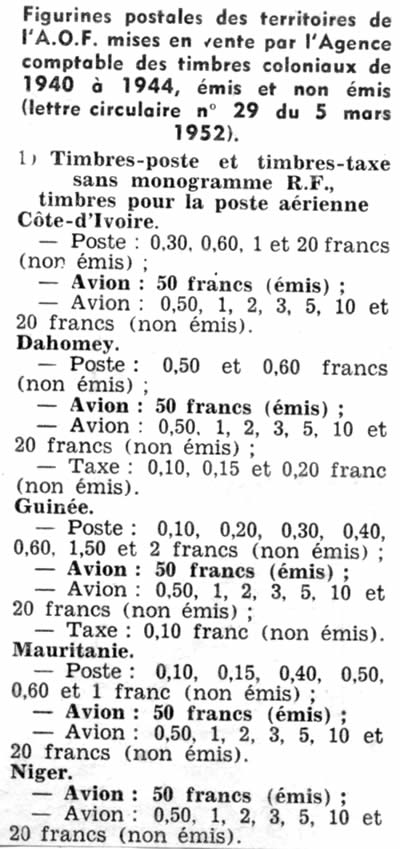 Timbres d'AOF vendus à paris et non émis sur place
