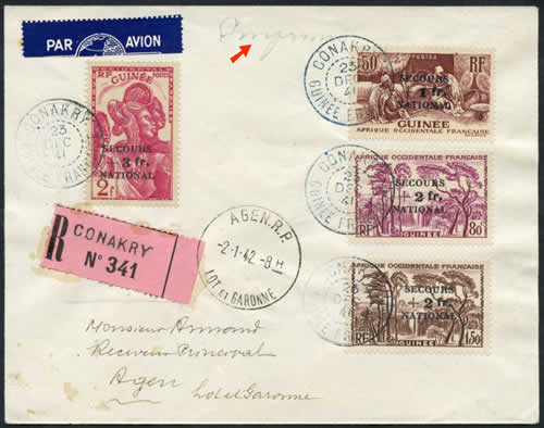 Timbres secours national de Guinée sur lettre au taif exact