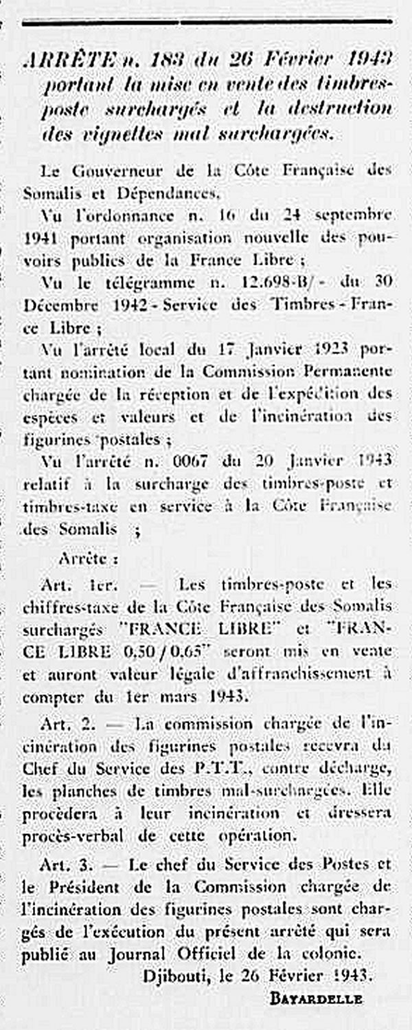 Surcharges France Libre en Côte française des Somalis