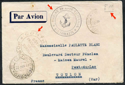 courrier avion vers France au départ de la Marine à Djibouti