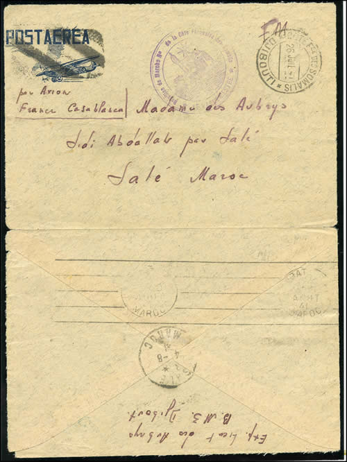 Lettre de Djibouti pour salé (maroc) via Tunis et Marseille