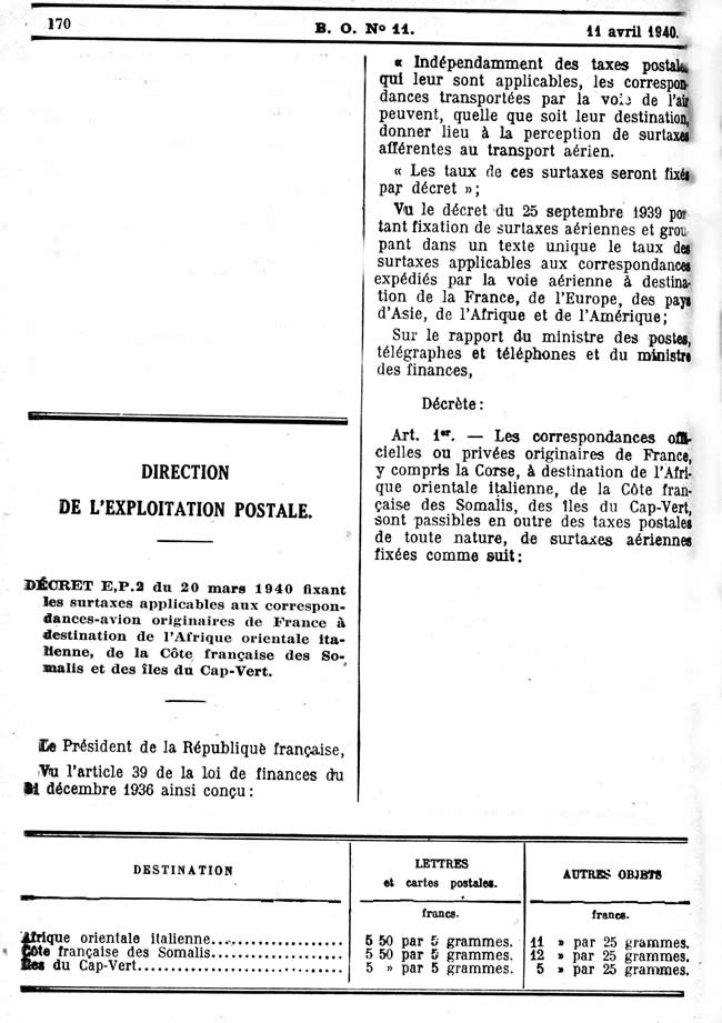 Tarifs aériens 20 03 1940 CFS