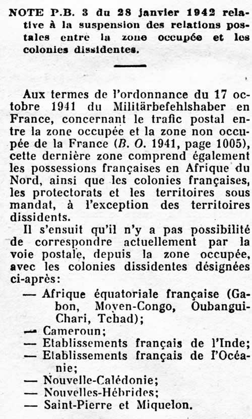 Colonies dissidentes en janvier 1942