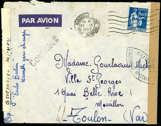 Lettre en franchise aérienne d'un marin de l'Emile Bertin