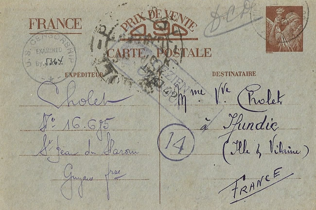 Carte interzone Iris sans valeur  expédiée depuis la Guyane