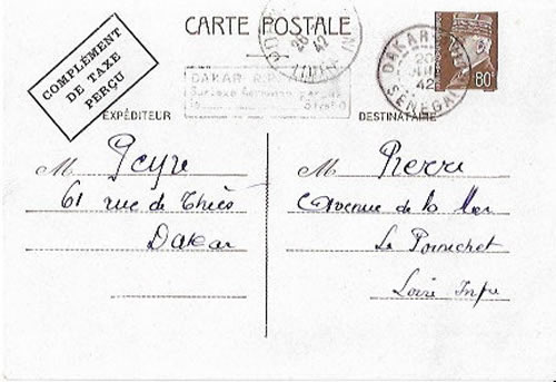 Carte interzones Pétain 80c avec complément de taxe perçu Dakar