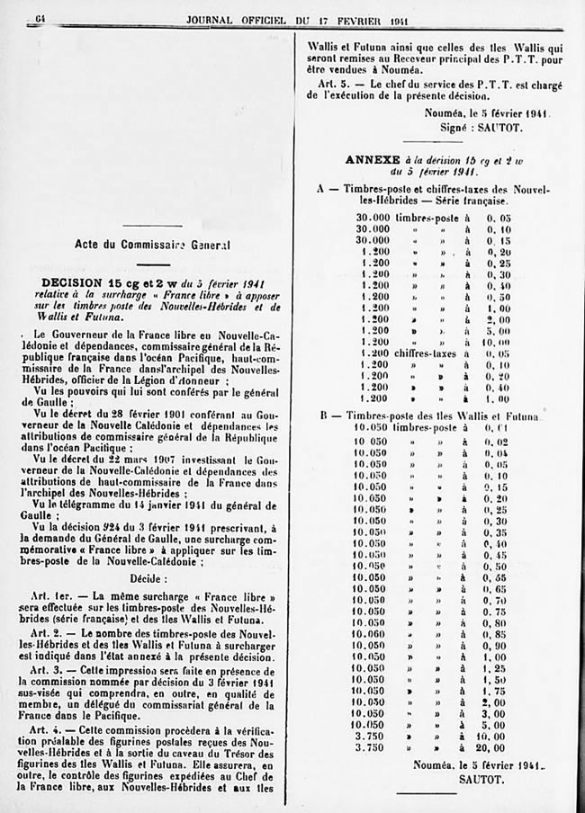 Arrêté de surcharge France Libre des timbres  des Nouvelles-Hébrides  et de Wallis et Futuna