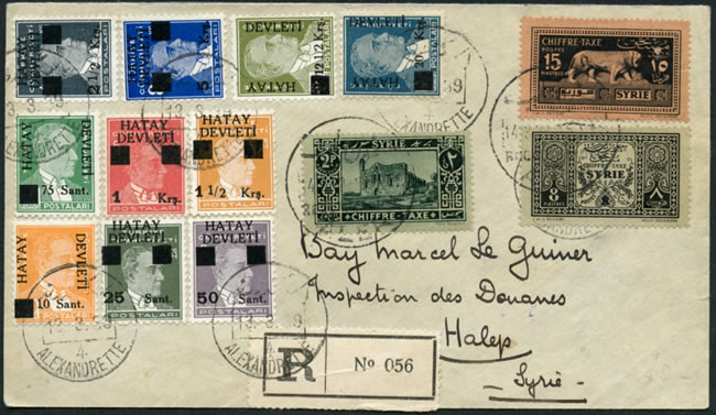 Lettre recommandée de Alexandrette pour Alep taxée à l'arrivée
