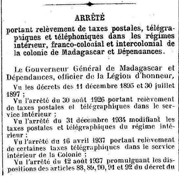 Tarif interieur et francocolonial madagascar 10/02/1942