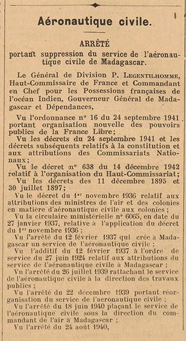 Suppression de l'aéronautique civile à Madagascar 19/2/43