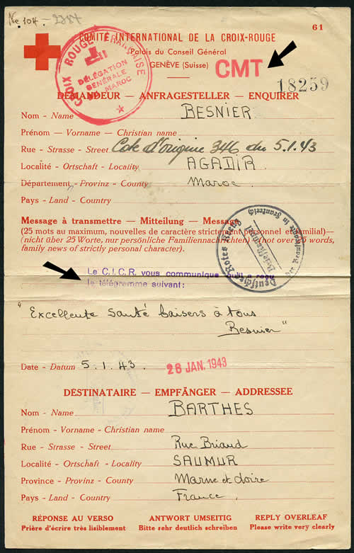 Meassage Croix-Rouge télégraphié de agadir pour saumur