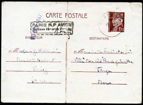 entier Pétain de Z.O. vers le Maroc surtaxe aérienne perçue