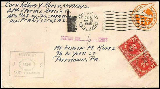 Lettre de l'APO 708 taxée à l'arrivée