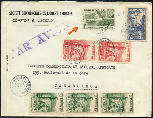 Timbre Pétain de Côte d'ivoire sur lettre commerciale