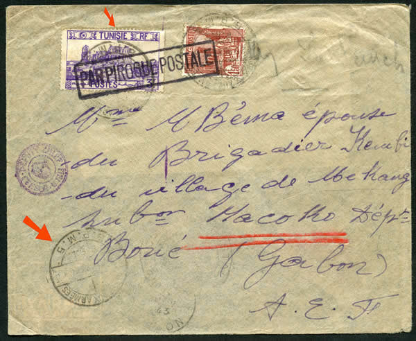 Lettre de Tunisie par Pirogue postale pour le Gabon