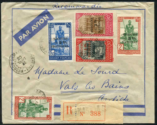 Timbres du secours national du soudan sur lettre