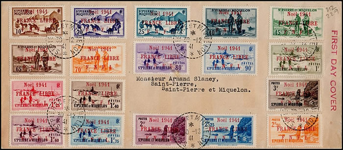 FDC des timbres Saint-Pierre et Miquelon surchargés Noel 1941