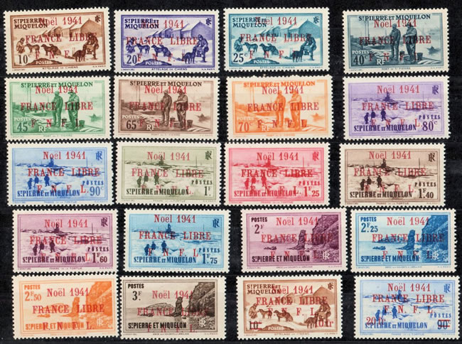 Série complète SPM surcharge rouge décembre 1941