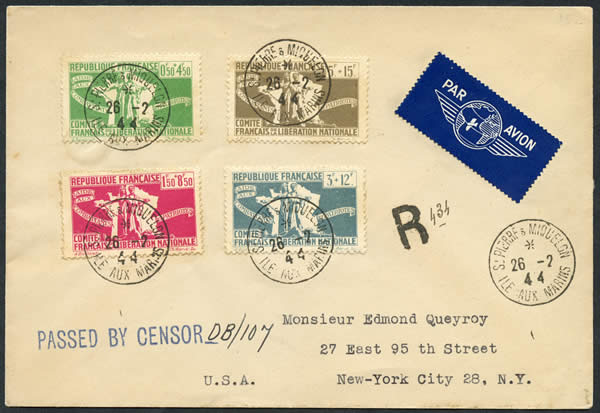 Timbre du CFLN vendus à saint-Pierre et miquelon sur lettre