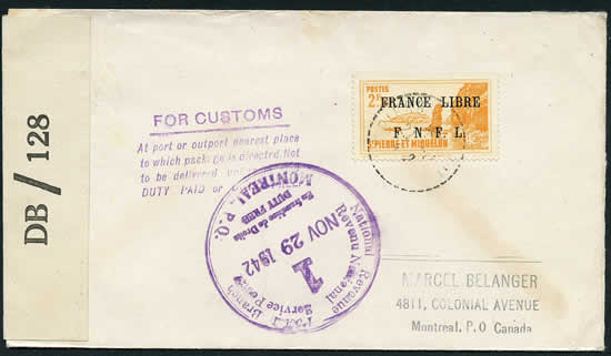 Lettre de Saint-Pierre pour Montreal avec censure et cachet de douane