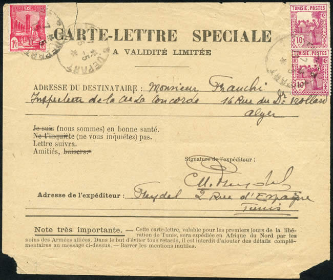 Carte-lettre pour la Libération de Tunis