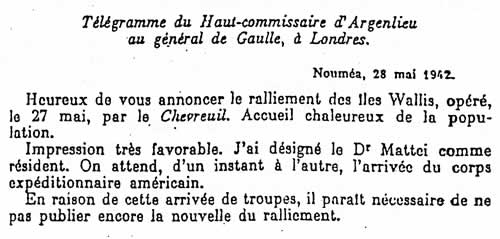 Télégramme annonçant le ralliement de Wallis