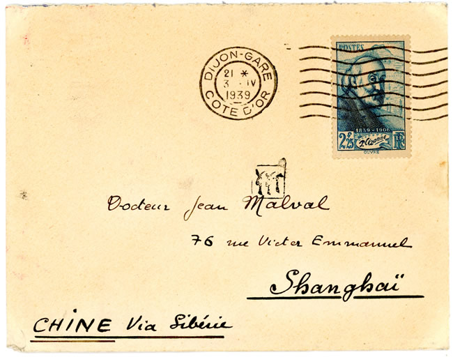 Lettre de France pour Shanghai par le transsibérien affranchie avec le 2F25 Cézanne