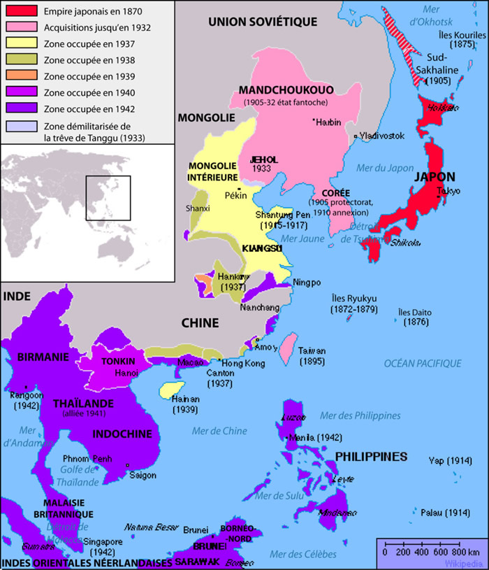 Carte montrant les phases d'expansion du Japon