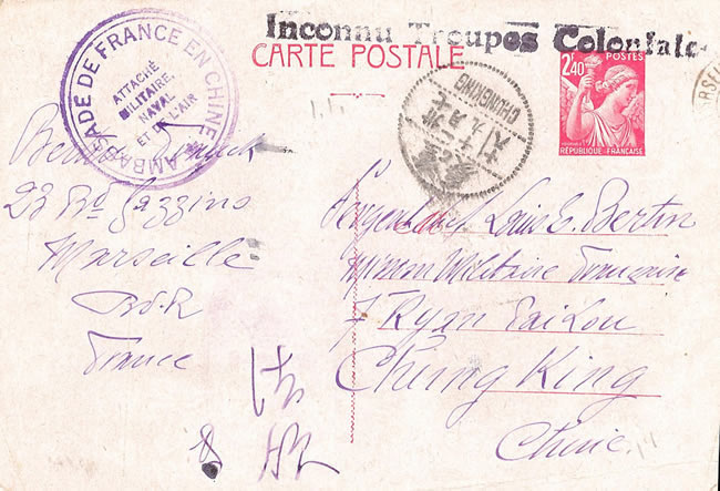 Carte postale de Marseille pour Chungking mars 1945