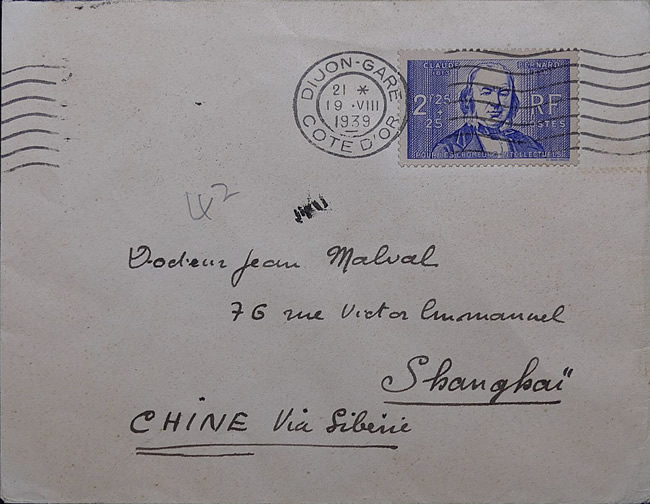 Timbre Claude Bernard sur lettre pour Shanghai