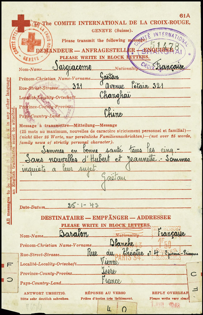 Message Croix Rouge de Changhai pour l'Isère 1943