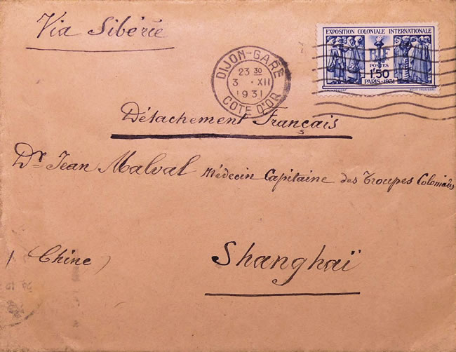 Lettre de France par le transsibérien pour Shaghai  affranchie avec le 1f50 Expo coloniale