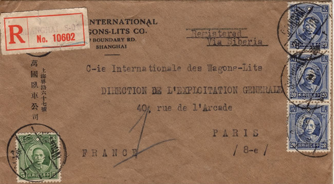 Lettre recommandée de Shagnhai par le Transsiberien pour la France