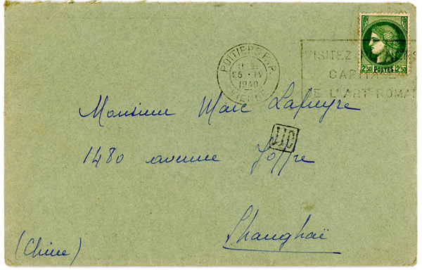 Lettre de Poitiers pour Shaghai avril 1940 par le transsiberien