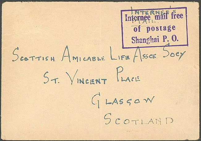 Lettre d'un interné britannique à Shaghai en franchise pour l'Ecosse