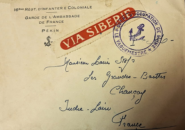Lettre d'un militaire de la garde de l'Ambassade de France à pékin pour l'Indre-et-Loire 